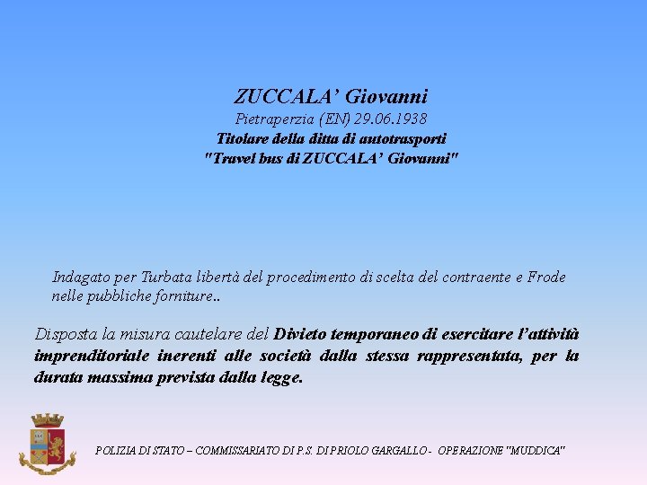 ZUCCALA’ Giovanni Pietraperzia (EN) 29. 06. 1938 Titolare della ditta di autotrasporti "Travel bus
