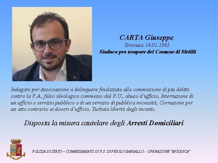 CARTA Giuseppe, Siracusa 14. 01. 1985 Sindaco pro tempore del Comune di Melilli Indagato