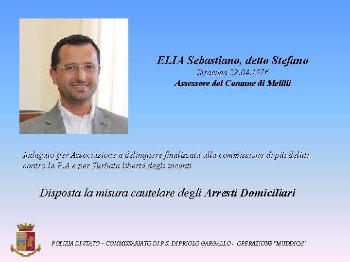 ELIA Sebastiano, detto Stefano Siracusa 22. 04. 1976 Assessore del Comune di Melilli Indagato