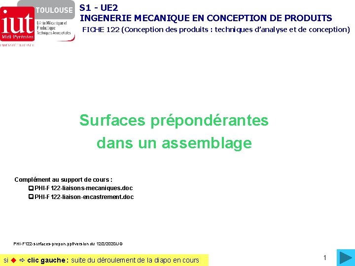 S 1 - UE 2 INGENERIE MECANIQUE EN CONCEPTION DE PRODUITS FICHE 122 (Conception