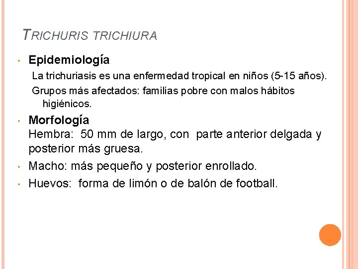 TRICHURIS TRICHIURA • Epidemiología La trichuriasis es una enfermedad tropical en niños (5 -15