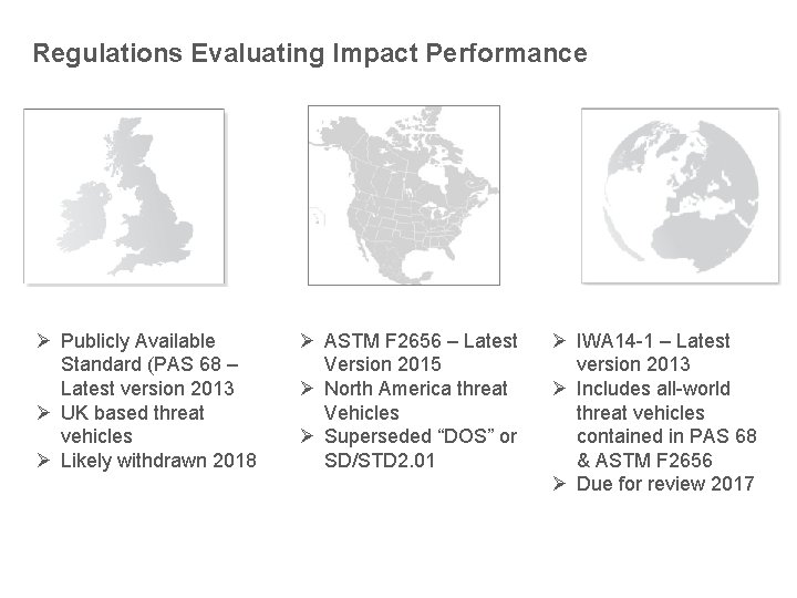 Regulations Evaluating Impact Performance Ø Publicly Available Standard (PAS 68 – Latest version 2013