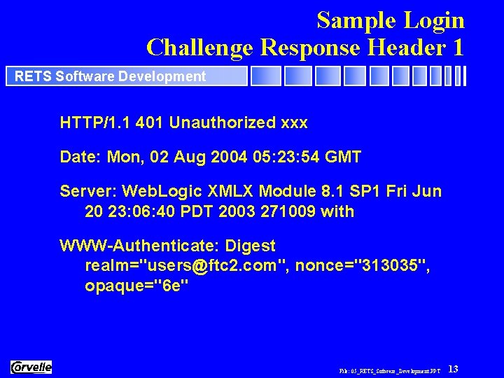 Sample Login Challenge Response Header 1 RETS Software Development HTTP/1. 1 401 Unauthorized xxx