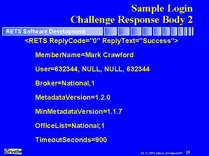 Sample Login Challenge Response Body 2 RETS Software Development <RETS Reply. Code="0" Reply. Text="Success">
