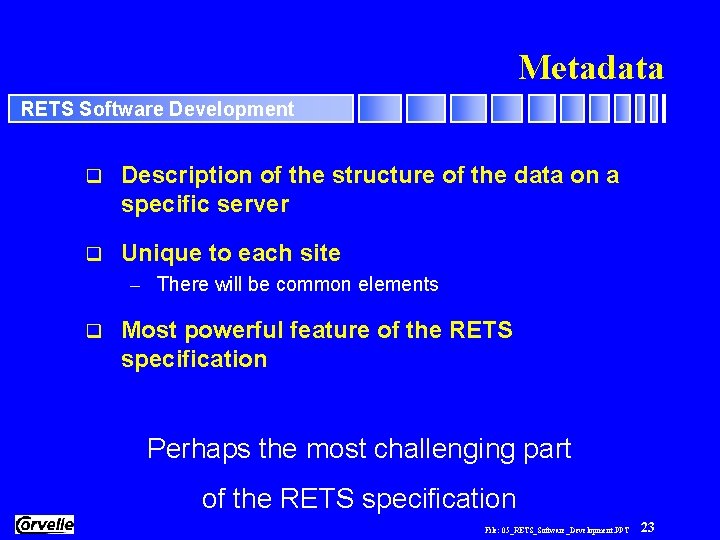 Metadata RETS Software Development q Description of the structure of the data on a