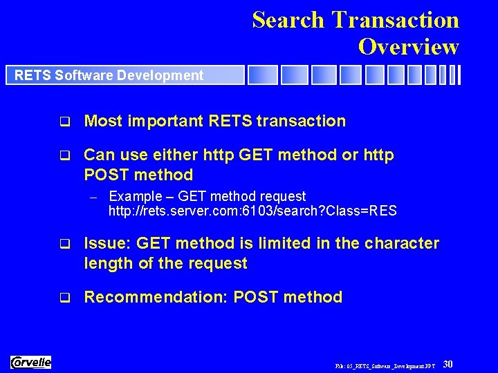 Search Transaction Overview RETS Software Development q Most important RETS transaction q Can use