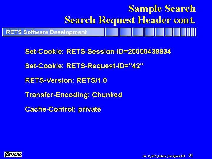 Sample Search Request Header cont. RETS Software Development Set-Cookie: RETS-Session-ID=20000439934 Set-Cookie: RETS-Request-ID="42" RETS-Version: RETS/1.