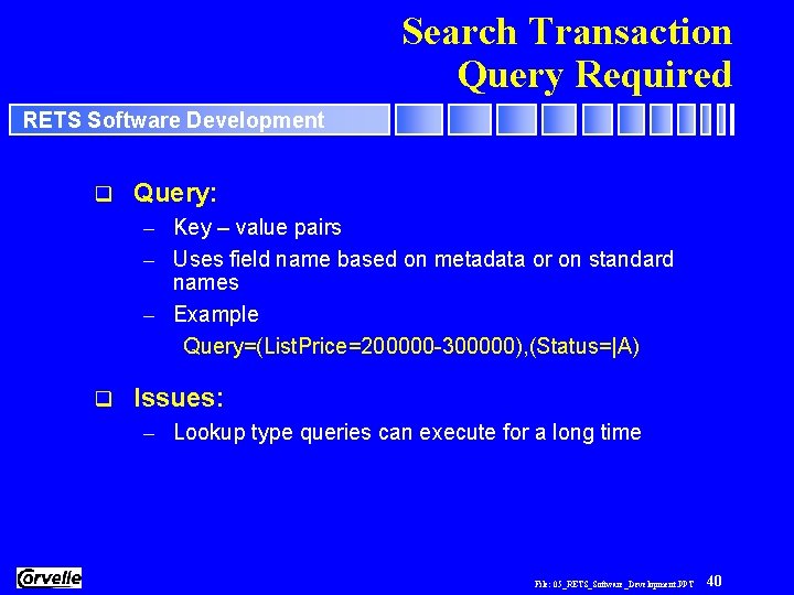Search Transaction Query Required RETS Software Development q Query: – Key – value pairs