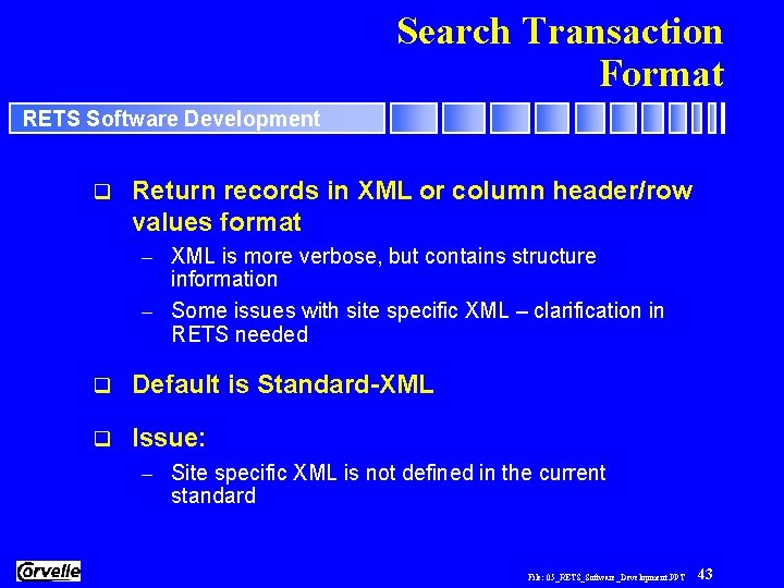 Search Transaction Format RETS Software Development q Return records in XML or column header/row