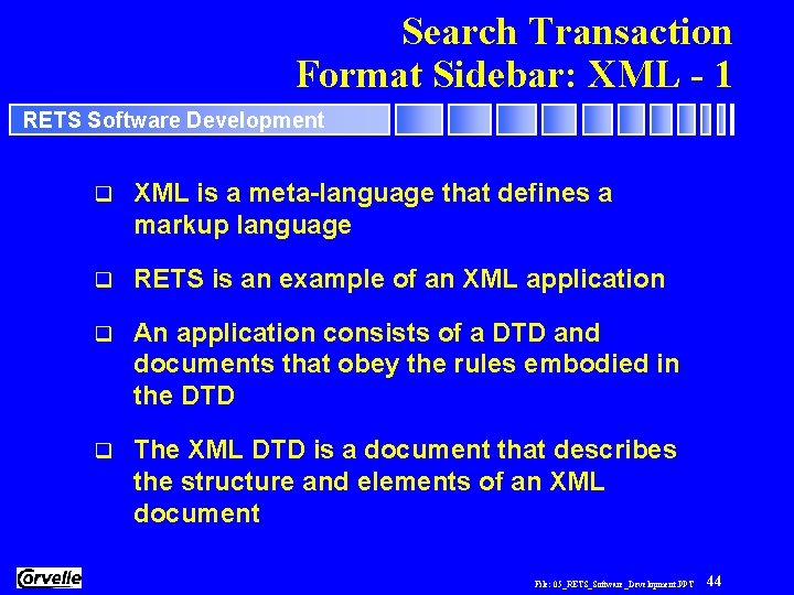 Search Transaction Format Sidebar: XML - 1 RETS Software Development q XML is a