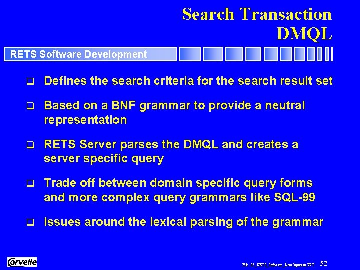 Search Transaction DMQL RETS Software Development q Defines the search criteria for the search