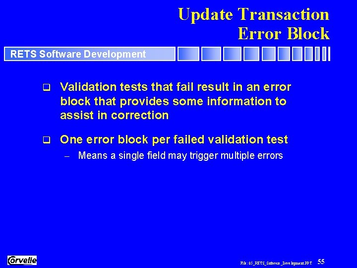 Update Transaction Error Block RETS Software Development q Validation tests that fail result in