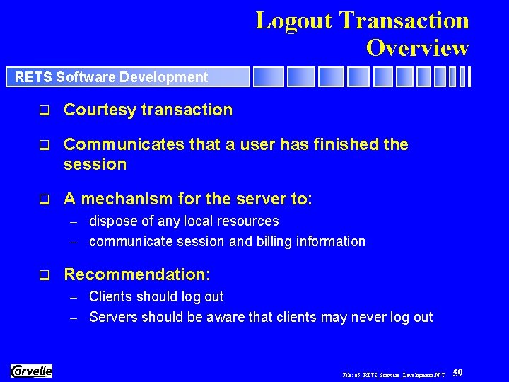 Logout Transaction Overview RETS Software Development q Courtesy transaction q Communicates that a user