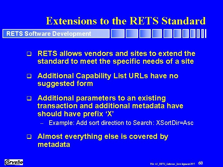 Extensions to the RETS Standard RETS Software Development q RETS allows vendors and sites