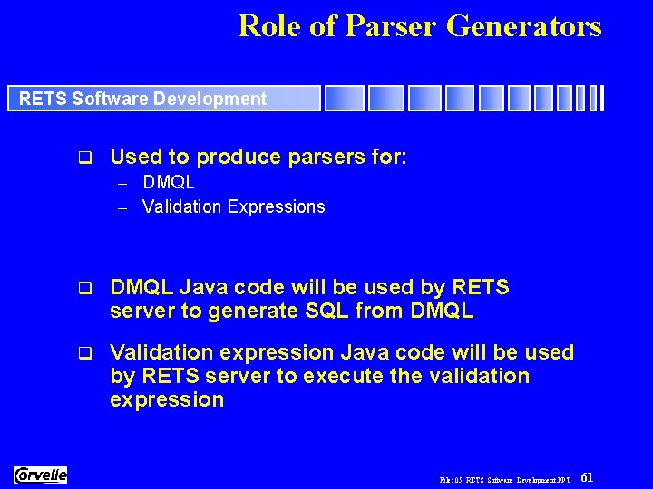 Role of Parser Generators RETS Software Development q Used to produce parsers for: –