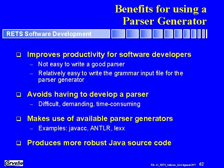 Benefits for using a Parser Generator RETS Software Development q Improves productivity for software