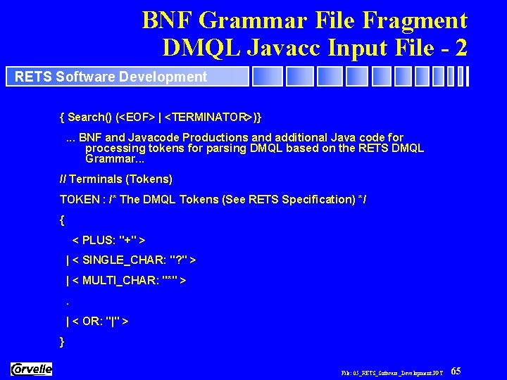 BNF Grammar File Fragment DMQL Javacc Input File - 2 RETS Software Development {