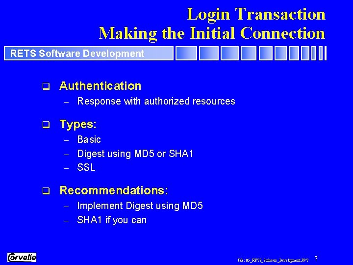 Login Transaction Making the Initial Connection RETS Software Development q Authentication – Response with