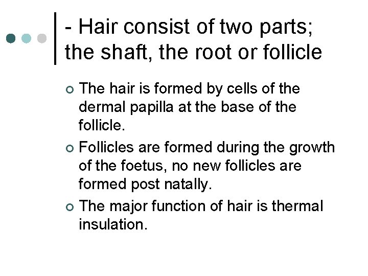 - Hair consist of two parts; the shaft, the root or follicle The hair