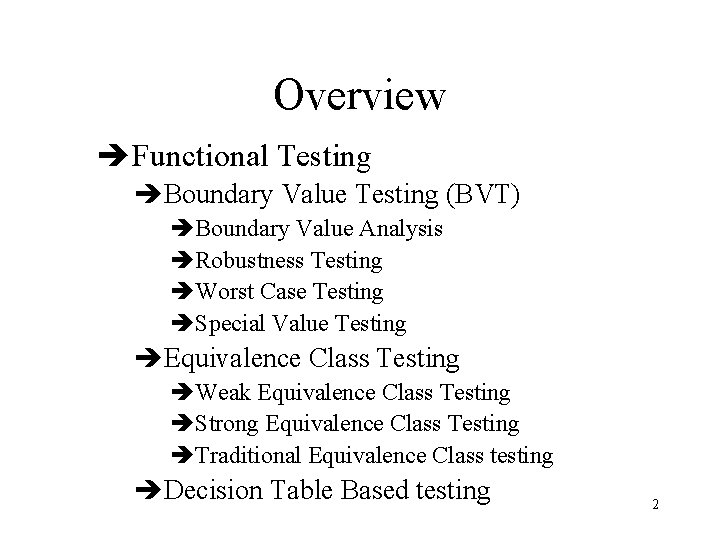 Overview èFunctional Testing èBoundary Value Testing (BVT) èBoundary Value Analysis èRobustness Testing èWorst Case