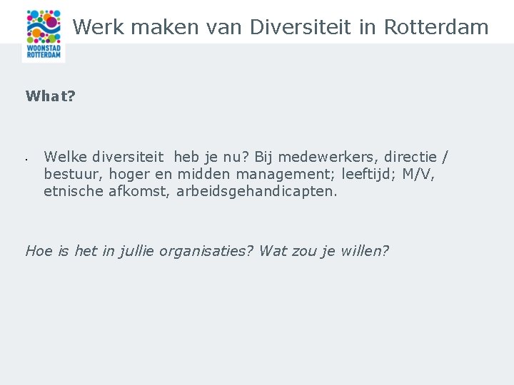 Werk maken van Diversiteit in Rotterdam What? • Welke diversiteit heb je nu? Bij