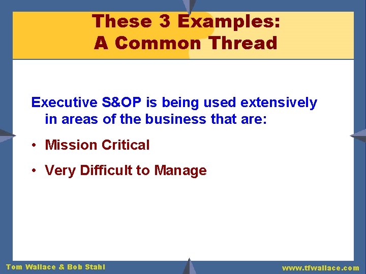 These 3 Examples: A Common Thread Executive S&OP is being used extensively in areas