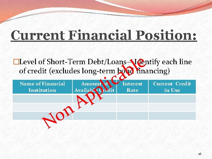 Current Financial Position: e l b �Level of Short-Term Debt/Loans—Identify each line of credit