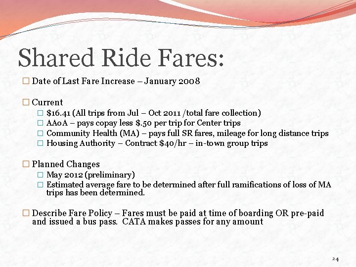 Shared Ride Fares: � Date of Last Fare Increase – January 2008 � Current