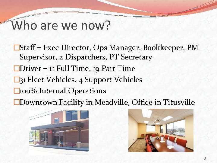 Who are we now? �Staff = Exec Director, Ops Manager, Bookkeeper, PM Supervisor, 2