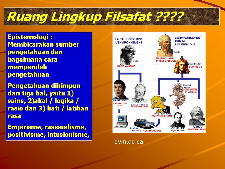 Ruang Lingkup Filsafat ? ? Epistemologi : Membicarakan sumber pengetahuan dan bagaimana cara memperoleh