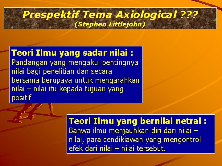 Prespektif Tema Axiological ? ? ? (Stephen Littlejohn) Teori Ilmu yang sadar nilai :