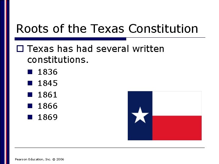 Roots of the Texas Constitution o Texas had several written constitutions. n n n