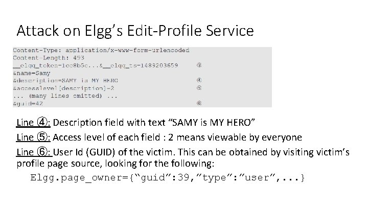 Attack on Elgg’s Edit-Profile Service Line ④: Description field with text “SAMY is MY Attack on Elgg’s Edit-Profile Service Line ④: Description field with text “SAMY is MY