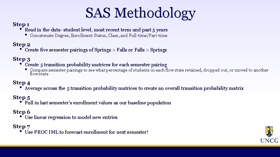 SAS Methodology Step 1 • Read in the data- student level, most recent term