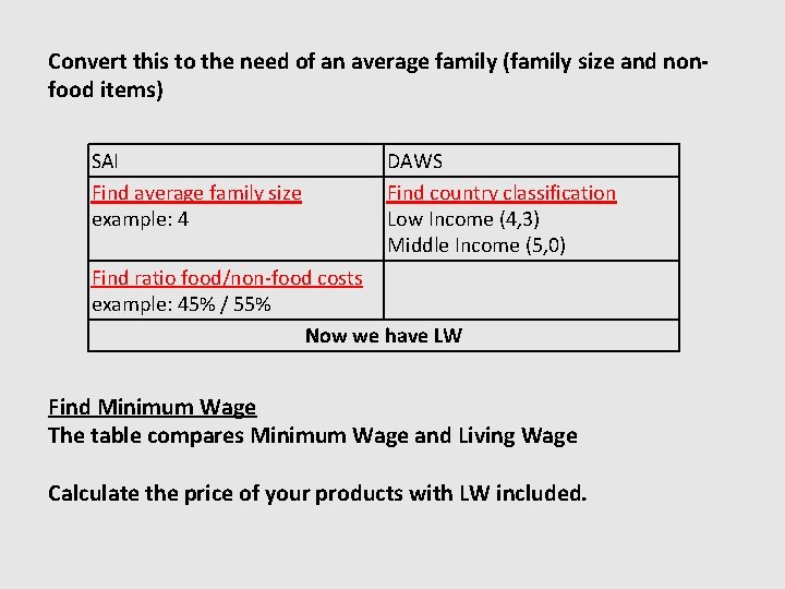 Convert this to the need of an average family (family size and nonfood items)