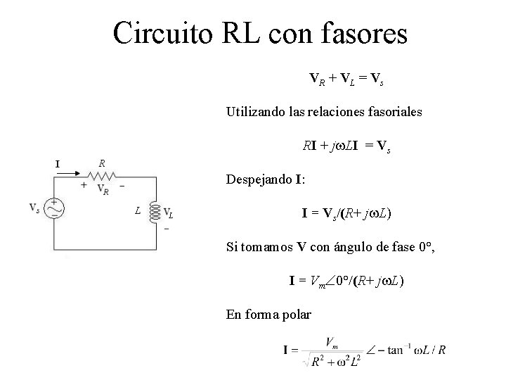 Circuito RL con fasores VR + VL = Vs Utilizando las relaciones fasoriales RI