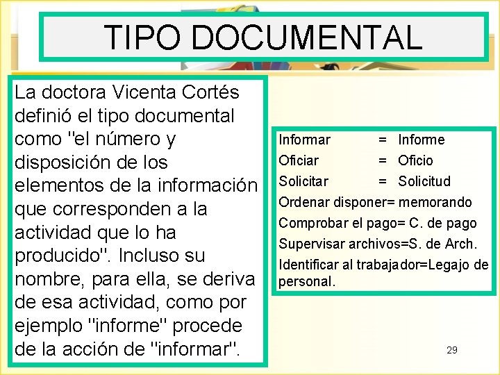 TIPO DOCUMENTAL La doctora Vicenta Cortés definió el tipo documental como "el número y
