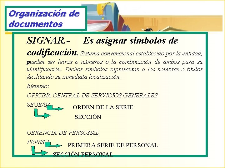 Organización de documentos SIGNAR. - Es asignar símbolos de codificación. Sistema convencional establecido por