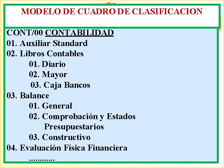 MODELO DE CUADRO DE CLASIFICACION CONT/00 CONTABILIDAD 01. Auxiliar Standard 02. Libros Contables 01.