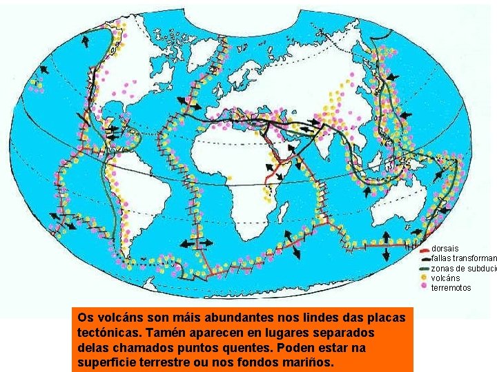 dorsais fallas transforman zonas de subdució volcáns terremotos Os volcáns son máis abundantes nos
