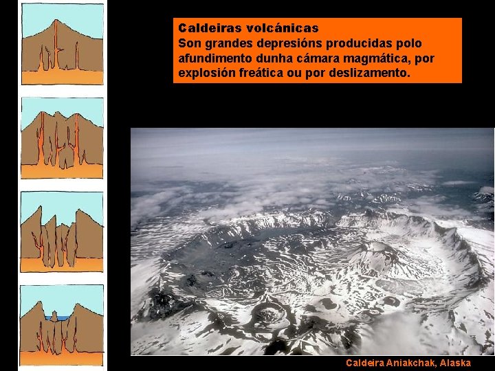 Caldeiras volcánicas Son grandes depresións producidas polo afundimento dunha cámara magmática, por explosión freática