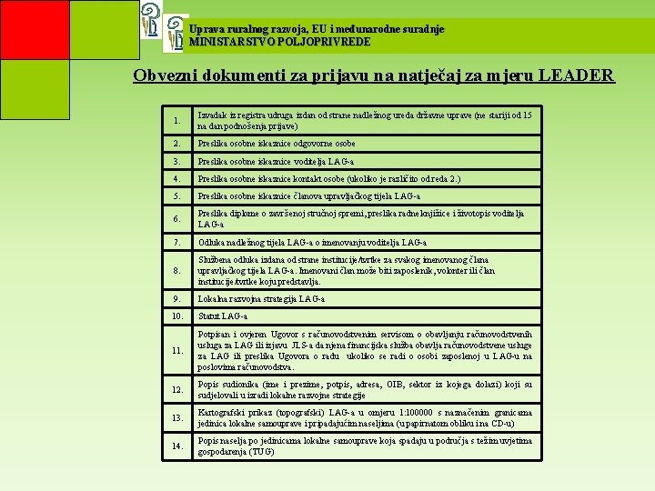 Uprava ruralnog razvoja, EU i međunarodne suradnje MINISTARSTVO POLJOPRIVREDE Obvezni dokumenti za prijavu na