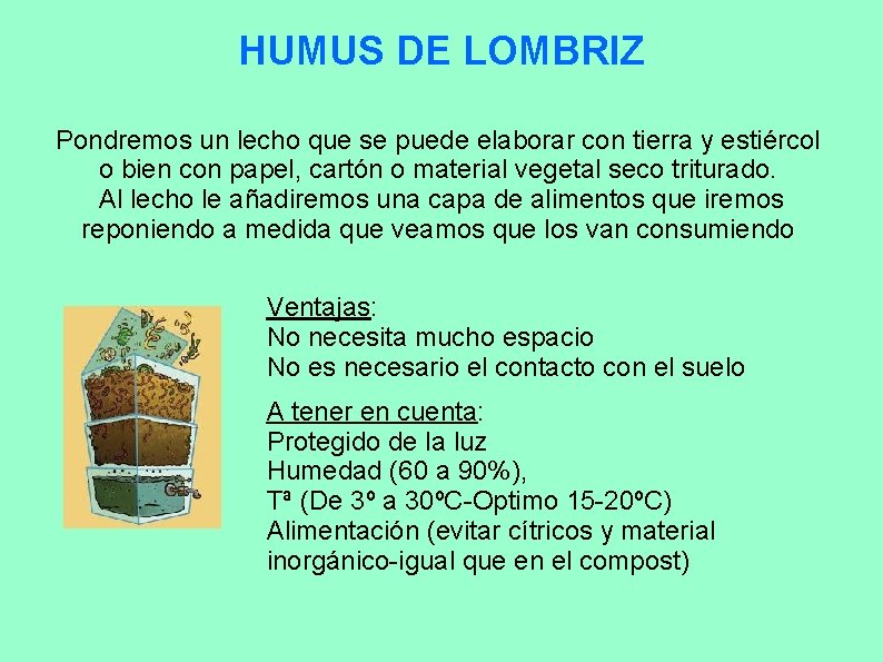 HUMUS DE LOMBRIZ Pondremos un lecho que se puede elaborar con tierra y estiércol