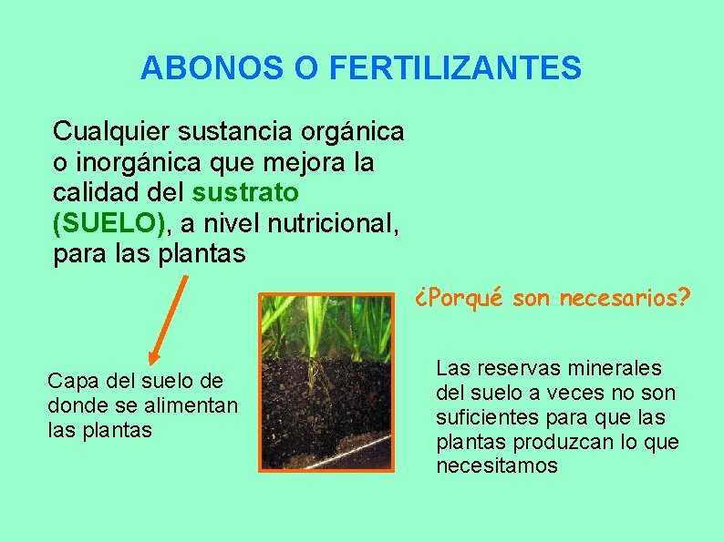 ABONOS O FERTILIZANTES Cualquier sustancia orgánica o inorgánica que mejora la calidad del sustrato ABONOS O FERTILIZANTES Cualquier sustancia orgánica o inorgánica que mejora la calidad del sustrato