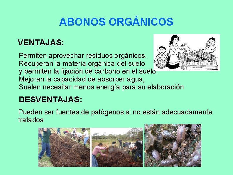 ABONOS ORGÁNICOS VENTAJAS: Permiten aprovechar residuos orgánicos. Recuperan la materia orgánica del suelo y