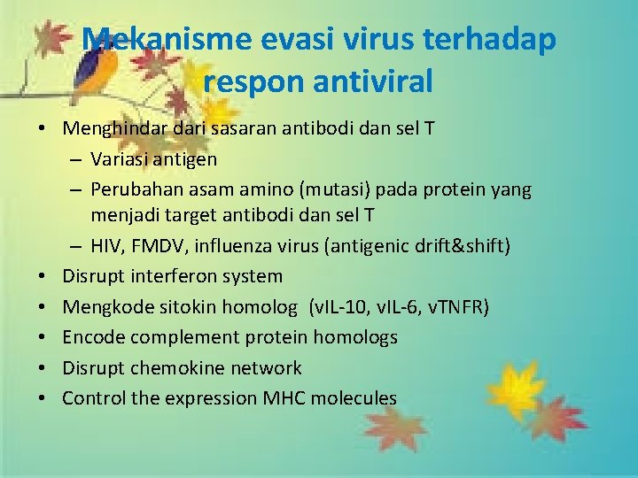 Mekanisme evasi virus terhadap respon antiviral • Menghindar dari sasaran antibodi dan sel T