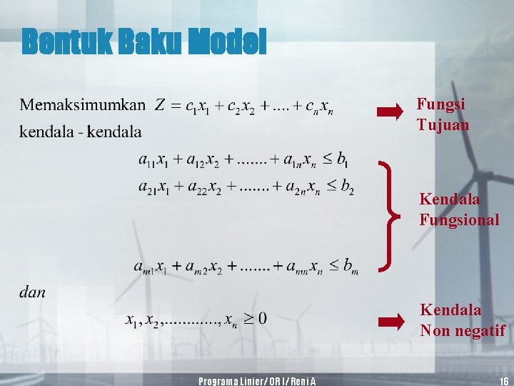 Bentuk Baku Model Fungsi Tujuan Kendala Fungsional Kendala Non negatif Programa Linier/ OR I/