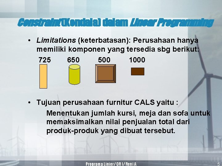 Constraint (Kendala) dalam Linear Programming • Limitations (keterbatasan): Perusahaan hanya memiliki komponen yang tersedia