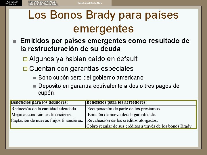 Los Bonos Brady para países emergentes n Emitidos por países emergentes como resultado de