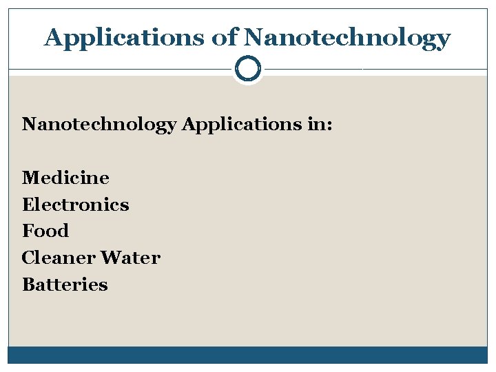 Applications of Nanotechnology Applications in: Medicine Electronics Food Cleaner Water Batteries 